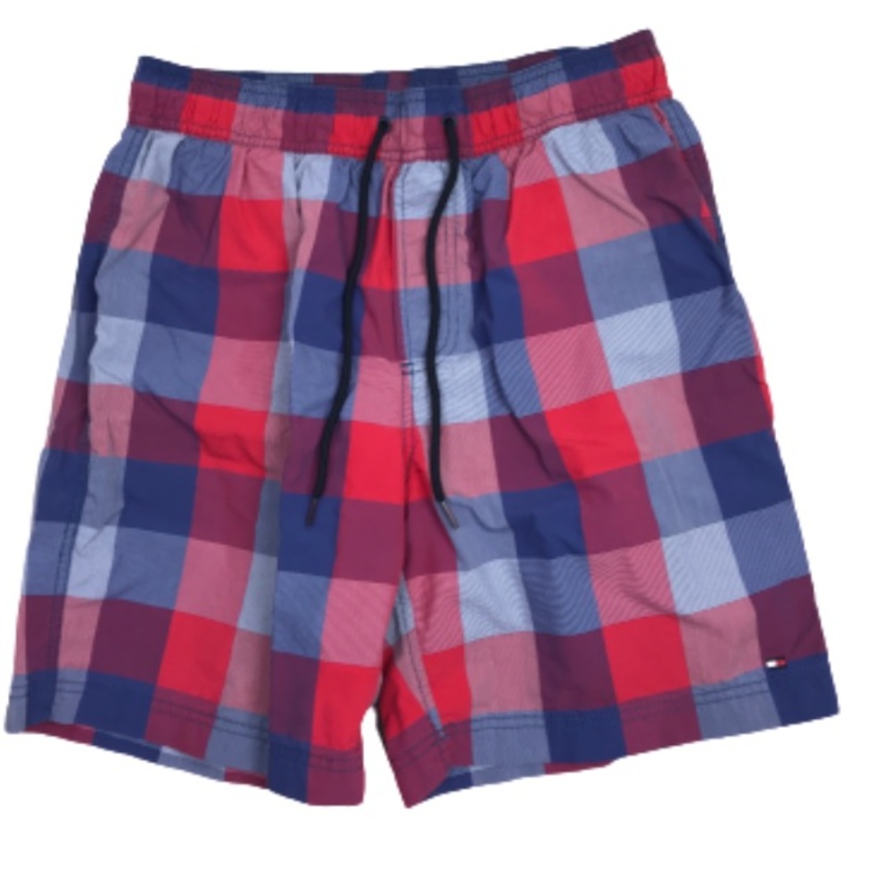 Tommy Hilfiger Men’s Medium Red Blue Plaid Swim Trunks 7” Inseam Lined